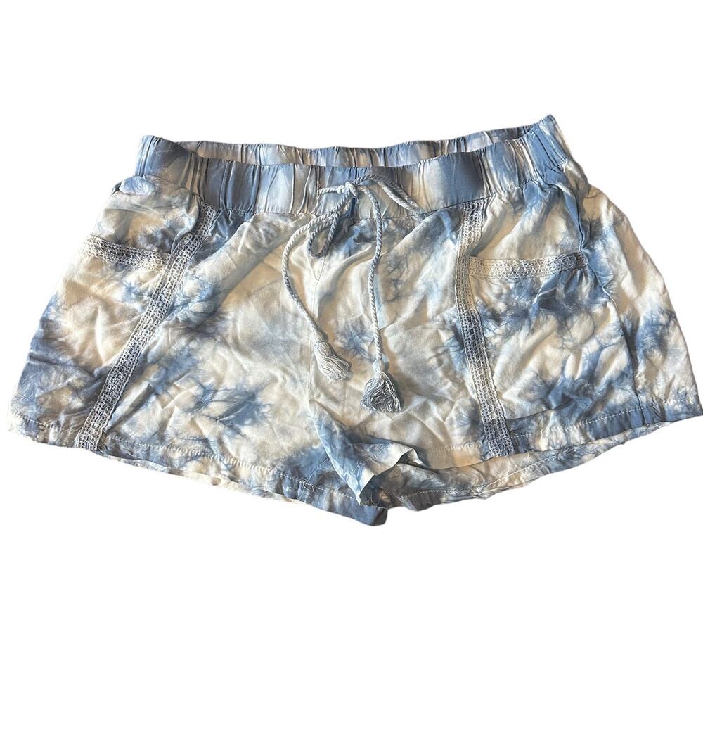 Cotton On Tie Dye Short Blue White SMALL Eyelet Lace Pockets Comfy Elastic Waist